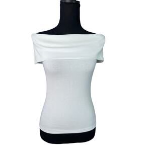 LOFT Off Shoulder Ribbed Top Women S White Fold Over Neck Stretch Fitted Blouse